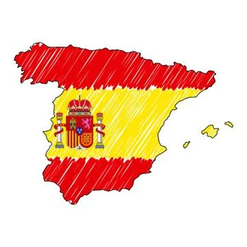 Spain map hand drawn sketch. Vector concept illustration flag, childrens drawing Stock Illustration