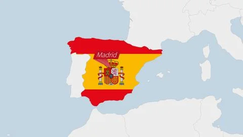 Spain map highlighted in Spain flag colors and pin of country capital Madrid. Stock Illustration