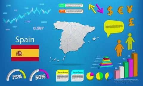 Spain map info graphics - charts, symbols, elements and icons collection. Det イラスト素材