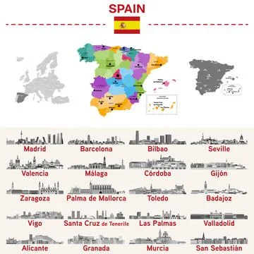 Spain map with main cities on it. Spanish cities skylines illustrations Stock Illustration