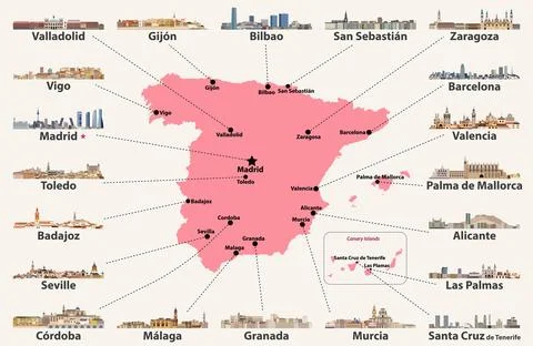Spain map with main cities skylines. Vector illustration Stock Illustration