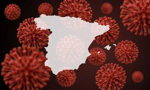 Spain map over a scientific virus microbe background. 3D Rendering Ilustração Stock