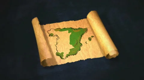 Spain Map Painting Unfolding Old Paper Scroll 3D 4K Stock Footage 59032145