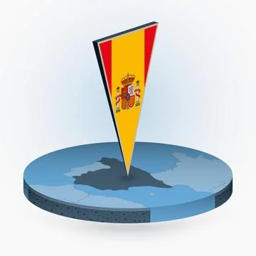 Spain map in round isometric style with triangular 3D flag of Spain Stock Illustration