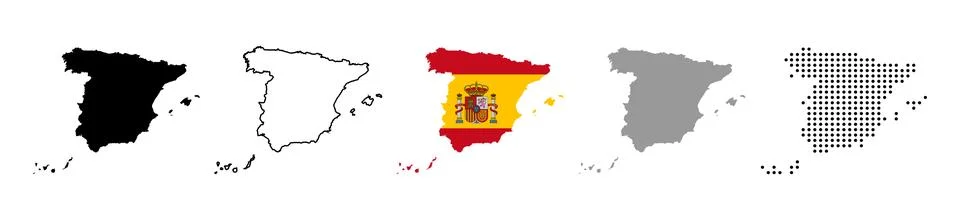 Spain map vector icon set. Silhouette, states, regions, outline, flag, flat.. Stockillustratie