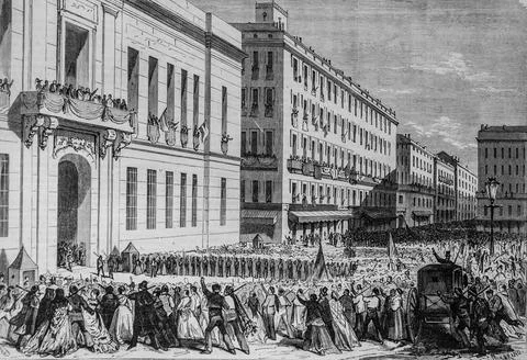 Spain marshals serrano and prim and admiral toledo haranguing the people of m Stock Illustration