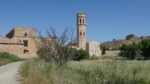 Spain Monasterio de Rueda shrub with tower Stock-Footage 62730376