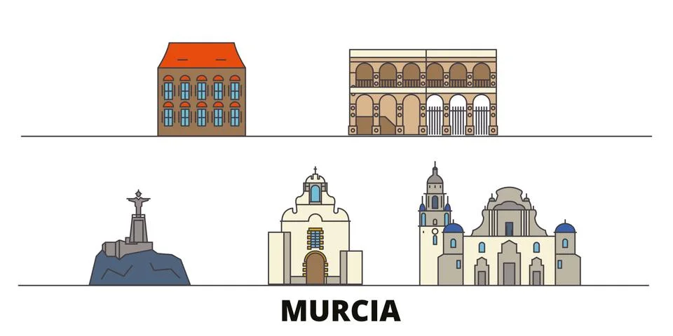 Spain, Murcia flat landmarks vector illustration. Spain, Murcia line city with Stock Illustration