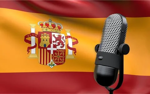 Spain national flag with microphone composition of voice of truth debate info Stock Illustration