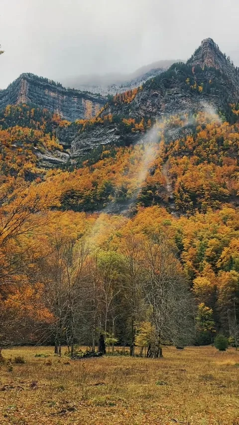 Spain Ordesa y Monte Perdido, Golden Autumn Mountain Panorama Vertical Video Stock Footage 317550691