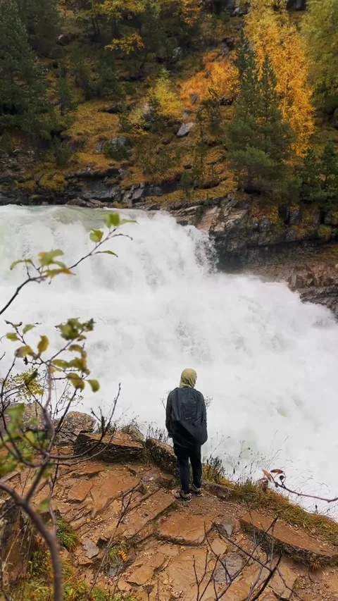Spain Ordesa y Monte Perdido, Man Admiring Mountain Stream Vertical Video Stock Footage 317550718