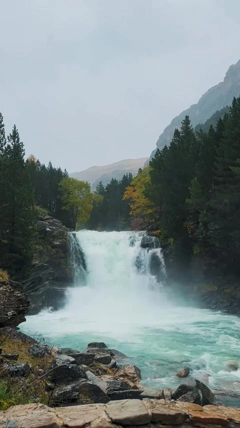 Spain Ordesa y Monte Perdido, Autumn Stream and Mountains Vertical Video Stock Footage 317550729