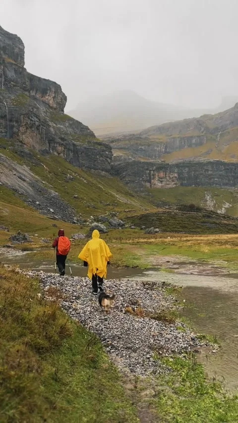 Spain Ordesa y Monte Perdido, Hikers with Dog in Autumn Mountains Stock Footage 317550733
