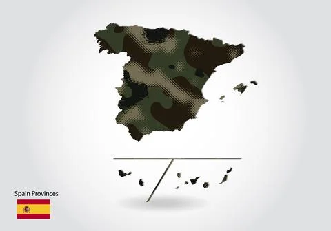 Spain Provinces map with camouflage pattern, Forest - green texture in map. M Stock Illustration