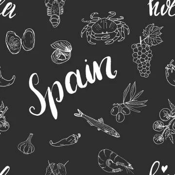 Spain seamless pattern doodle elements, Hand drawn sketch spanish food shrimp 스톡 일러스트