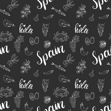 Spain seamless pattern doodle elements, Hand drawn sketch spanish food shrimp 스톡 일러스트