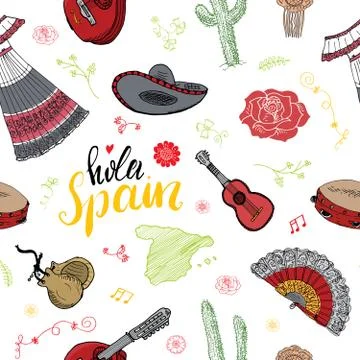 Spain seamless pattern doodle elements, Hand drawn sketch spanish traditional Stockillustratie