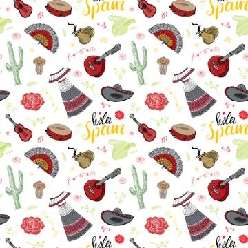 Spain seamless pattern doodle elements, Hand drawn sketch spanish traditional Ilustración de archivo