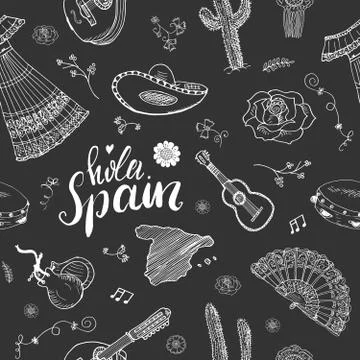 Spain seamless pattern doodle elements, Hand drawn sketch spanish traditional Stock Illustration