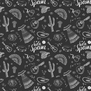 Spain seamless pattern doodle elements, Hand drawn sketch spanish traditional Ilustración de archivo