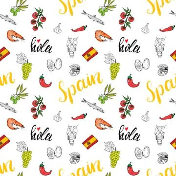 Spain seamless pattern doodle elements, Hand drawn sketch spanish food shrimp Illustrazione stock