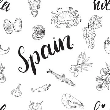 Spain seamless pattern doodle elements, Hand drawn sketch spanish food shrimp 库存插图