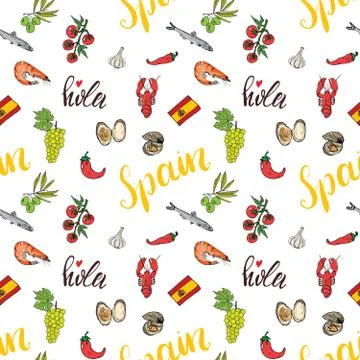 Spain seamless pattern doodle elements, Hand drawn sketch spanish food shrimp 스톡 일러스트