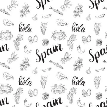 Spain seamless pattern doodle elements, Hand drawn sketch spanish food shrimp Illustrazione stock