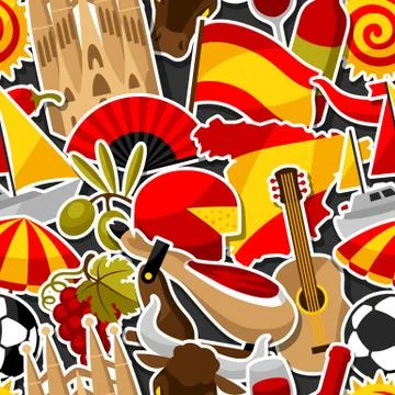 Spain seamless pattern. Spanish traditional sticker symbols and objects イラスト素材