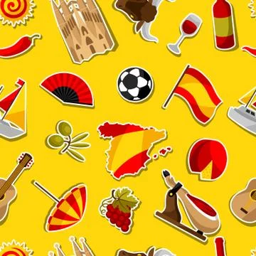 Spain seamless pattern. Spanish traditional sticker symbols and objects イラスト素材