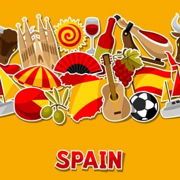 Spain seamless pattern. Spanish traditional sticker symbols and objects イラスト素材