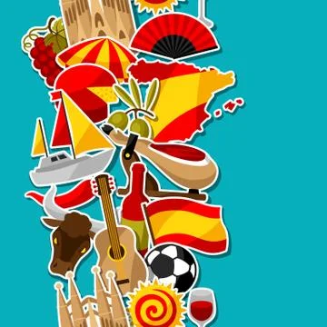Spain seamless pattern. Spanish traditional sticker symbols and objects イラスト素材