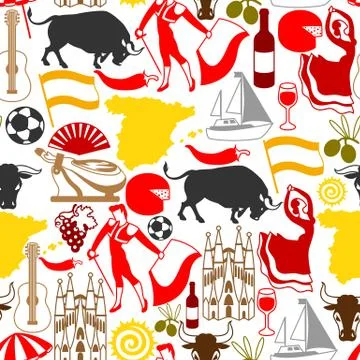Spain seamless pattern. Spanish traditional symbols and objects Illustrazione stock