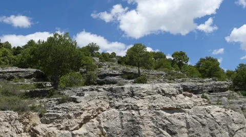 Spain Serrania de Cuenca cloud over trees on cliff Stock-Footage 62729885
