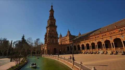 Spain Square 4K Timelapse of the canal and rowing boats in Seville City. Stock Footage 125724850