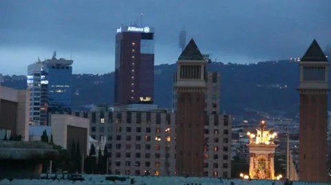 Spain Square  Viewed  at overcast evening  after rain. Barcelona Stock Footage 41483187