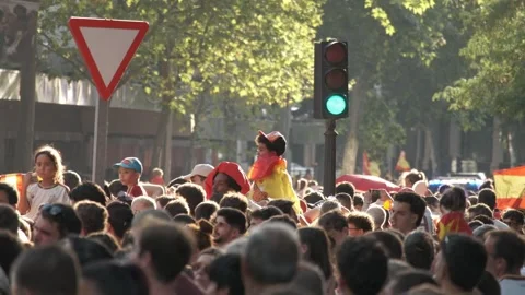 A Spain supporter draped in a national flag rises above the crowd during the Stock Footage 340921708