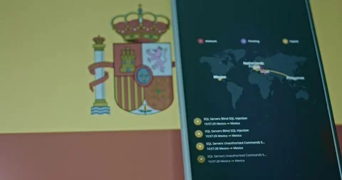 Spain as target of cyber attacks, live cyber threats map and flag of Spain on Stock Footage 310845324