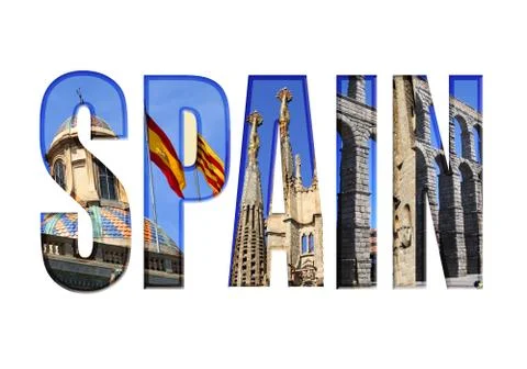 Spain text with different tourist spots Stock Illustration