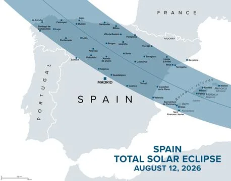 Spain, total solar eclipse, August 12, 2026, path of totality, map Illustrazione stock