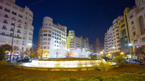 Spain valencia night light main square fountain 4k time lapse Stock Footage 48276543