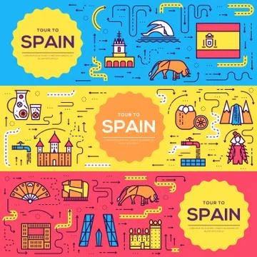 Spain vector brochure cards thin line set. Country travel template of flyear Stock Illustration