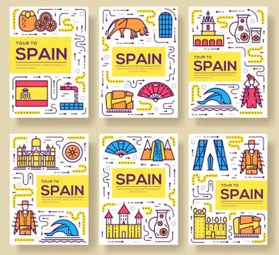 Spain vector brochure cards thin line set. Country travel template of flyear Stock Illustration