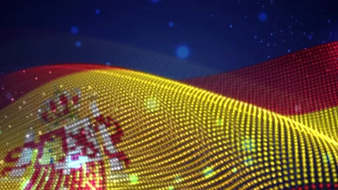 Spain waving flag on blue background with bright flares, motion loop Stock Footage 149477044