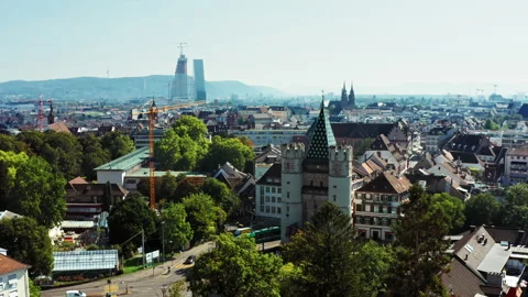 Spalentor in Basel at summer - Dolly forward - Aerial 4k Vidéo 154417920