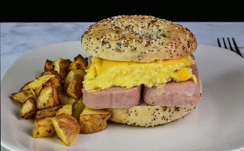Spam and scrambled egg breakfast sandwich Stock Photos