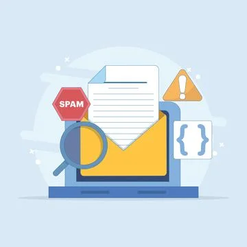 Spam email concept set enlarged bug email warning sign Stock Illustration