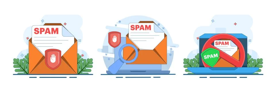 Spam email security set illustrating a laptop inbox, unwanted messages. Stock Illustration