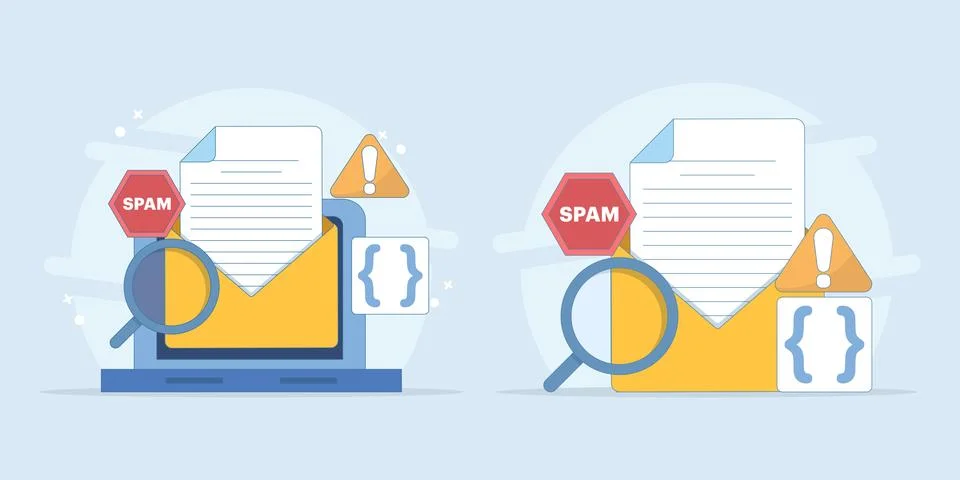 Spam email warning featuring a computer monitor with suspicious messages Stock Illustration