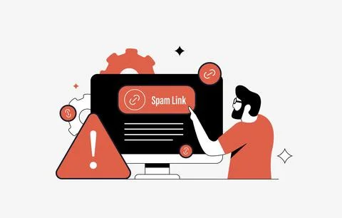 Spam link alert with broken chain, phishing link warning. SEO danger from spam Stock Illustration